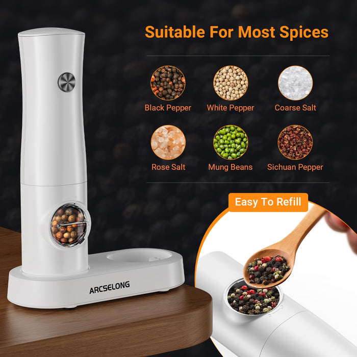 Arcselong Electric Salt And Pepper Grinder Set With Type-C Rechargeable Base, No Battery Needed, Adjustable Coarseness Electronic Spice Mill Shakers Salt And Pepper Shakers Refillable - Grill Parts America