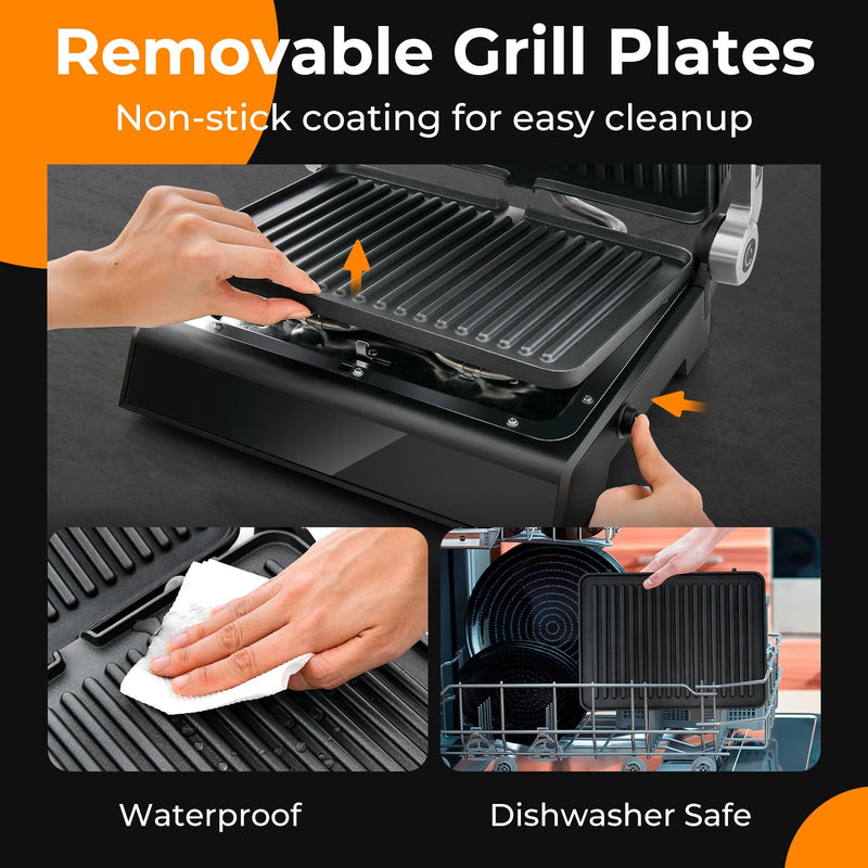 Giantex Panini Press Sandwich Maker, 3-in-1 Electric Indoor Grill, 2 Removable & Dishwasher Safe Non-Stick Plates, Drip Tray, 5 Auto Modes, Upper & Lower Independent Temperature Control, 4 H Timer - Grill Parts America