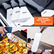 OUII Flat Top Griddle Accessories for Blackstone and Camp Chef Griddle - 9 Pieces Set with Griddle Cleaning Kit and Carry Bag! Metal Spatula, Scraper for Hibachi and Teppanyaki Grill - Grill Parts America