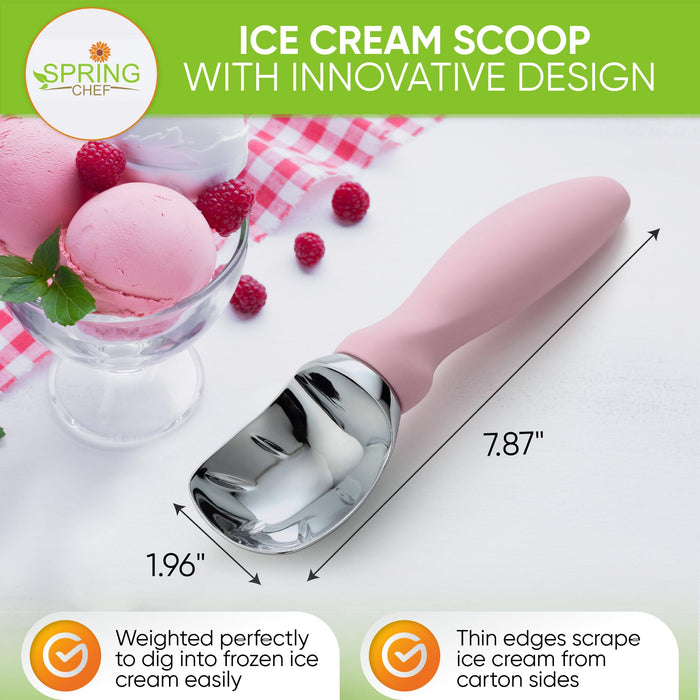Spring Chef Ice Cream Scoop with Soft Grip Handle, Professional Heavy Duty Sturdy Scooper, Premium Kitchen Tool for Cookie Dough, Gelato, Sorbet, Pink Lemonade - Grill Parts America