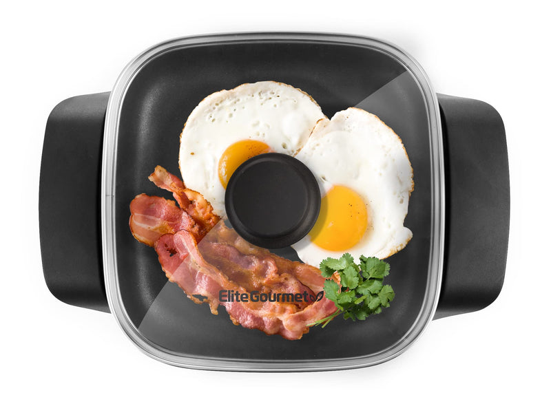 Elite Gourmet EG808 8” x 8" Non-stick Electric Skillet, Dishwasher Safe with Tempered Glass Vented Lid, Rapid Heat Up, 600W, Black - Grill Parts America