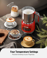Hazel Quinn Milk Frother, 5 Functions, Variable Temp and Thickness Frother and Steamer, Detachable for Dishwasher Safe, 400ML/13.5OZ for Hot & Cold Latte, Cappuccino - Ruby Red - Grill Parts America