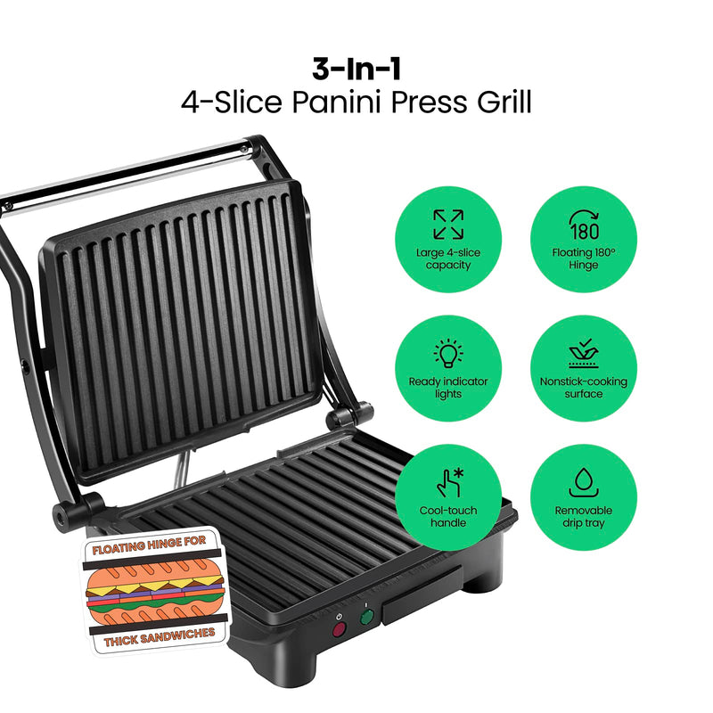 Chefman Panini Press Grill and Gourmet Sandwich Maker Non-Stick Coated Plates, Opens 180 Degrees to Fit Any Type or Size of Food, Stainless Steel Surface and Removable Drip Tray, 4 Slice, Black - Grill Parts America