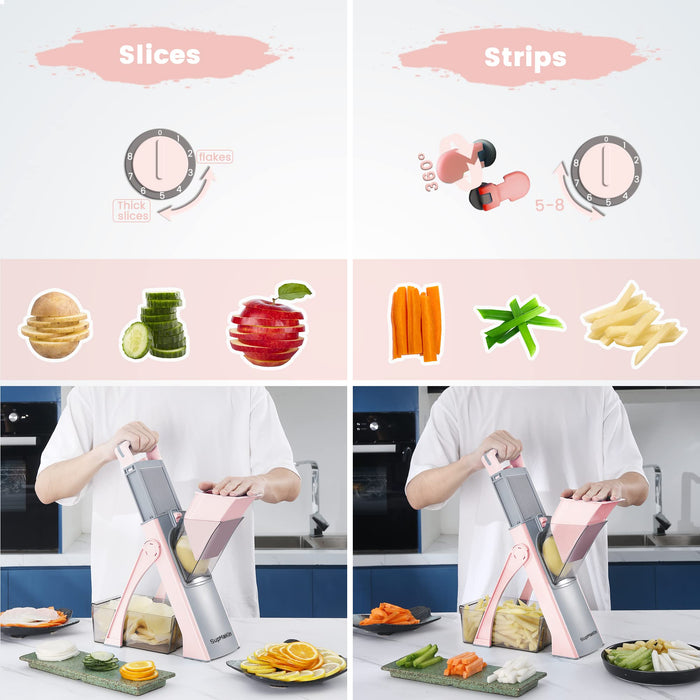 Upgrade Safe Mandoline Slicer Plus for Kitchen, SupMaKin Bigger Port Vegetable Food Potato Chopper, Adjustable Thickness, Julienne & Dicer Salad Making Chopping Artifact (Pink) - Grill Parts America