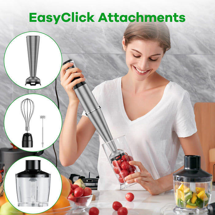 Immersion Blender Handheld Corded Hand Blender 1100W, Trigger Variable Speed 5 in 1 Stick Blender, Emulsion Blender with Chopper, Whisk and Frother for Soup, Baby Food and Smoothies - Grill Parts America