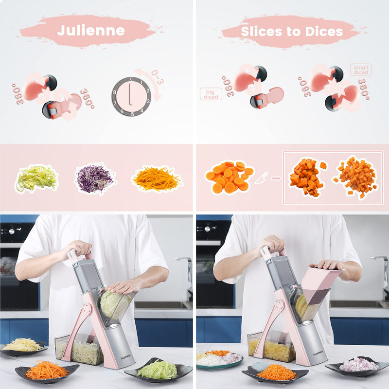 Upgrade Safe Mandoline Slicer Plus for Kitchen, SupMaKin Bigger Port Vegetable Food Potato Chopper, Adjustable Thickness, Julienne & Dicer Salad Making Chopping Artifact (Pink) - Grill Parts America