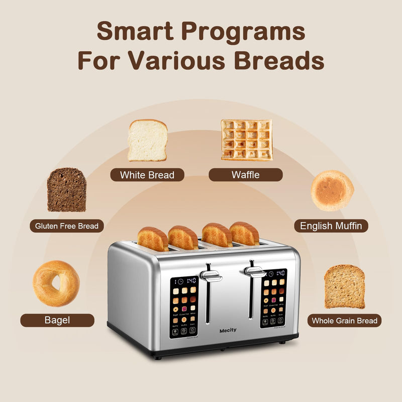 Mecity 4 Slice Toaster Touch Screen Control 4 Wide Slot, Stainless Steel Smart Bread Toaster for Bagel Muffin Waffle, Dual Control Pannel, Timer, Defrost, Reheat, 120V 1650W - Grill Parts America