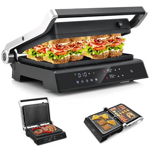 Giantex Panini Press Sandwich Maker, 3-in-1 Electric Indoor Grill, 2 Removable & Dishwasher Safe Non-Stick Plates, Drip Tray, 5 Auto Modes, Upper & Lower Independent Temperature Control, 4 H Timer - Grill Parts America