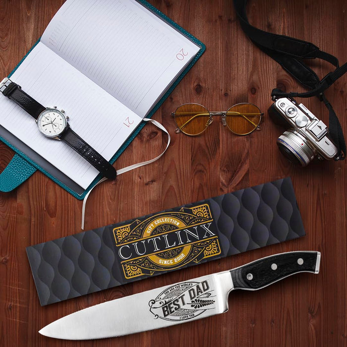 Fathers Day Gift “BEST DAD” - CutLinx Chef Knife Gift Set - 8 in. Stainless Carbon Steel Kitchen Knive w/Pakka Wood Handle - Birthday, Father's Day, Christmas, Anniversary, Housewarming, Holiday Gifts - Grill Parts America