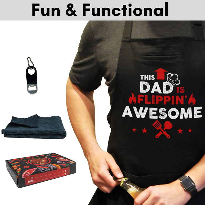 FixGrub Dad BBQ Apron, Funny Apron, Grill Apron, Chef Apron with 3 Pockets, Bottle Opener, Towel and Gift Box, 100% Cotton, Ideal Birthday, Christmas and Father's Day Gift for Men - Grill Parts America