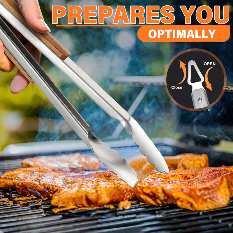 TIVOLI Grill Set 4PC BBQ Tools Set Grill Accessories with BBQ Spatula, BBQ Clips, Brushes, BBQ Forks Heavy Duty Grill Kit Grill Tools for Outdoor Grill with Wood Handles Gift Ideas for Dad Man - Grill Parts America