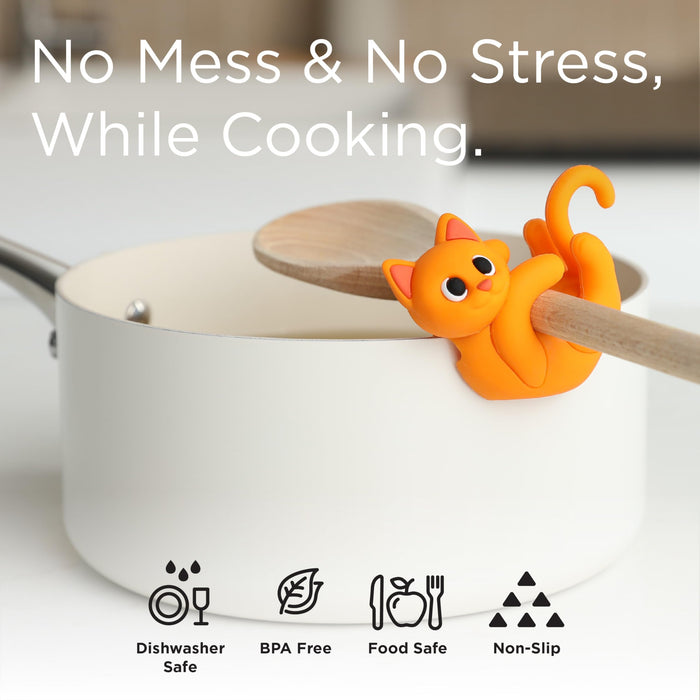 Cat Funny Spoon Rest Silicone Utensil Rest - Pot Spoon Holder for Pot - Food Grade Silicone Utensil Holder Kitchen Gadget - Fun, Cute & Silly Orange Cat Design - Super Fun! - Grill Parts America