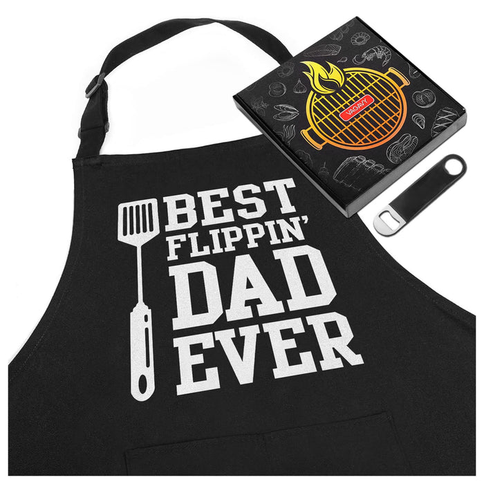 VAGAVY - Best Flippin Dad Ever Dad Apron with Pockets - Bottle Opener and Gift Box Included - Birthday, Father’s Day Grilling Gifts for Papa, Husband - Black Barbeque Apron for Daddy Men - Grill Parts America