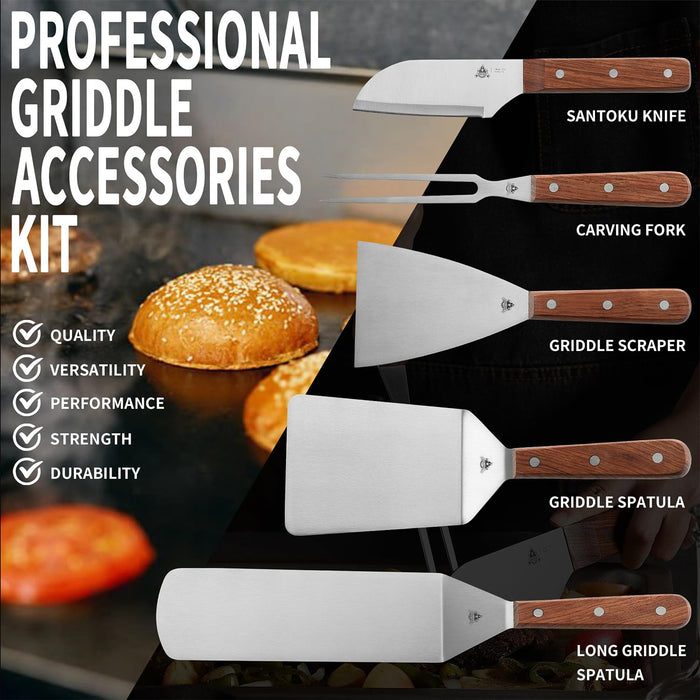 GRILLGEN 6-Piece Professional Griddle Accessories Kit for Griddle Cooking, Premium Rosewood Handles Spatulas Set with Scraper, Santoku Knife, Carving Fork, Storage Bag, Flat Top Grill Accessories - Grill Parts America