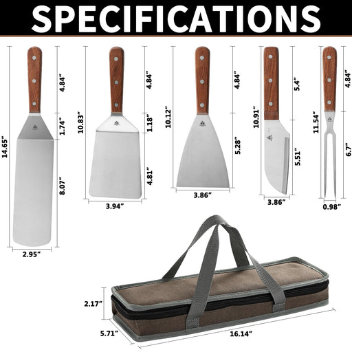 GRILLGEN 6-Piece Professional Griddle Accessories Kit for Griddle Cooking, Premium Rosewood Handles Spatulas Set with Scraper, Santoku Knife, Carving Fork, Storage Bag, Flat Top Grill Accessories - Grill Parts America