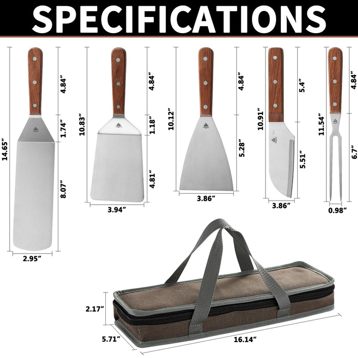 GRILLGEN 6-Piece Professional Griddle Accessories Kit for Griddle Cooking, Premium Rosewood Handles Spatulas Set with Scraper, Santoku Knife, Carving Fork, Storage Bag, Flat Top Grill Accessories - Grill Parts America