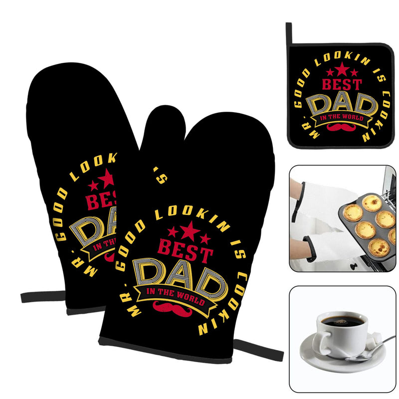 ORALBY Dad Oven Mitt and Potholder Dad Print Kitchen Accessories Sunflower Kitchen Gloves Gift - Dad Gift for Father's Day Heat Resistant Baking Cooking Grilling - Grill Parts America
