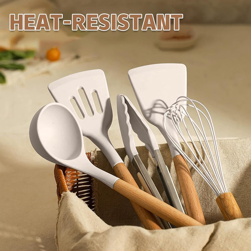 Umite Chef Kitchen Cooking Utensils Set, 33 pcs Non-Stick Silicone Cooking Kitchen Utensils Spatula Set with Holder, Wooden Handle Silicone Kitchen Gadgets Utensil Set (Khaki) - Grill Parts America