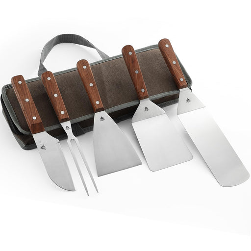 GRILLGEN 6-Piece Professional Griddle Accessories Kit for Griddle Cooking, Premium Rosewood Handles Spatulas Set with Scraper, Santoku Knife, Carving Fork, Storage Bag, Flat Top Grill Accessories - Grill Parts America