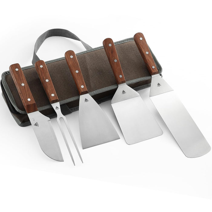 GRILLGEN 6-Piece Professional Griddle Accessories Kit for Griddle Cooking, Premium Rosewood Handles Spatulas Set with Scraper, Santoku Knife, Carving Fork, Storage Bag, Flat Top Grill Accessories - Grill Parts America