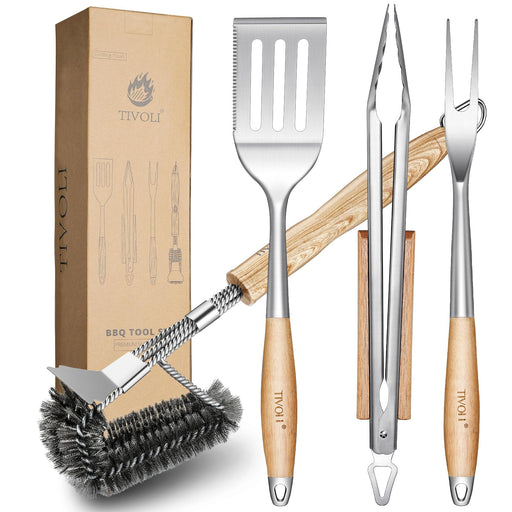 TIVOLI Grill Set 4PC BBQ Tools Set Grill Accessories with BBQ Spatula, BBQ Clips, Brushes, BBQ Forks Heavy Duty Grill Kit Grill Tools for Outdoor Grill with Wood Handles Gift Ideas for Dad Man - Grill Parts America