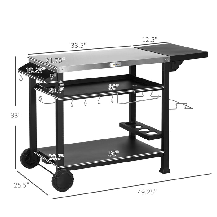 Outsunny Outdoor Grill Cart with Foldable Side Table, 46" x 21.75" Multifunctional Stainless Steel Pizza Oven Stand with Three-Shelf, Movable Food Prep Table on Wheels, Black - Grill Parts America
