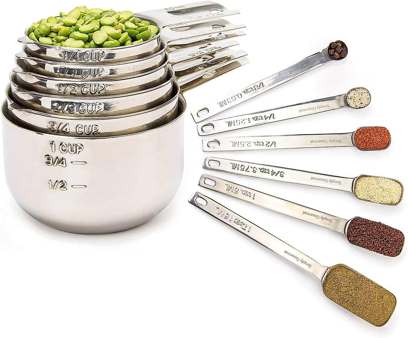 Simply Gourmet Measuring Cups and Spoons Set of 12, 304 Premium Stainless Steel, Stackable Cups Long Handle Spoons Fits Narrow Jars, Kitchen Gadgets for Liquid & Dry Ingredients Cooking Baking - Grill Parts America