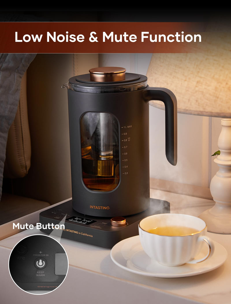 Electric Tea Kettle, INTASTING Glass Electric Kettle with tea Infuser and Precise knob temperature control, 1200W Fast Heating, BPA-Free, Easy to Clean, for Tea and coffee, Dark Grey - Grill Parts America