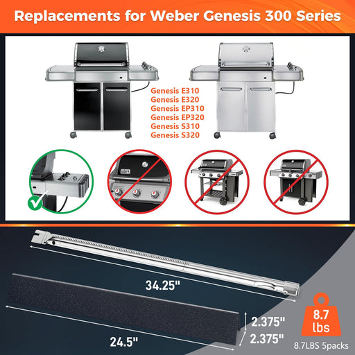 QuliMetal 24.5" Flavorizer Bars & SUS304 34.5" Grill Burners for Weber Genesis 300 Series – Fits E310, E320, S310, S320 (Side Control Panels), Replaces Weber 7540, 67722, 67820 - Grill Parts America