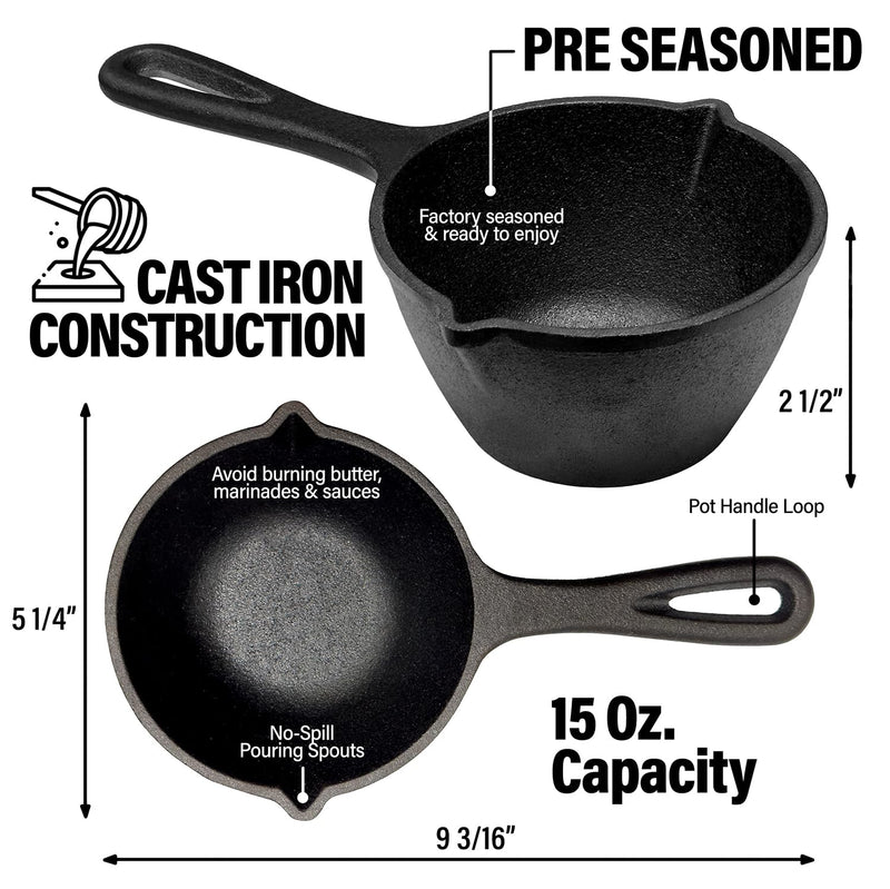 Small Cast Iron Basting Pot with Silicone BBQ Brush – Cast Iron Saucepan for Grilling, Smoking, and BBQ Accessories, 15 Oz - Grill Parts America
