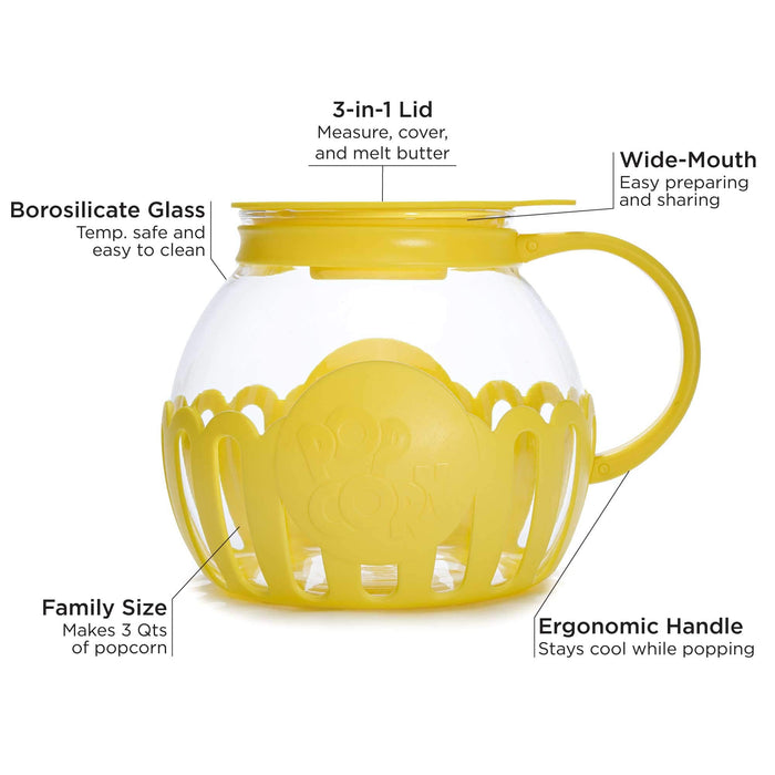 Ecolution Patented Micro-Pop Microwave Popcorn Popper with Temperature Safe Glass, 3-in-1 Lid Measures Kernels and Melts Butter, Made Without BPA, Dishwasher Safe, 3-Quart, Yellow - Grill Parts America