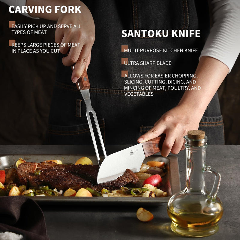 GRILLGEN 6-Piece Professional Griddle Accessories Kit for Griddle Cooking, Premium Rosewood Handles Spatulas Set with Scraper, Santoku Knife, Carving Fork, Storage Bag, Flat Top Grill Accessories - Grill Parts America