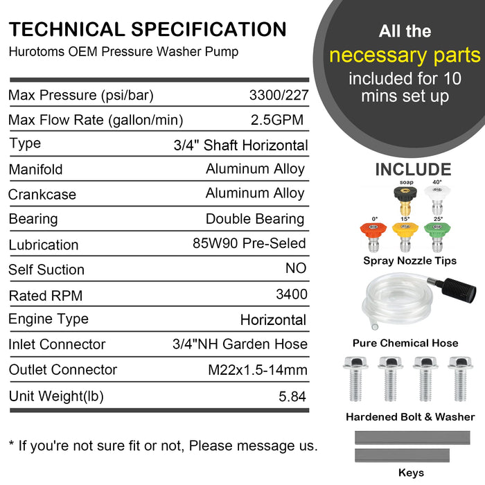 Hurotoms 3/4" Shaft Horizontal Anodized Pressure Washer Pump-3300 PSI @ 2.5 GPM-Universal OEM Pump for Most Brands of Gas Engine Power Washer Machine - Grill Parts America