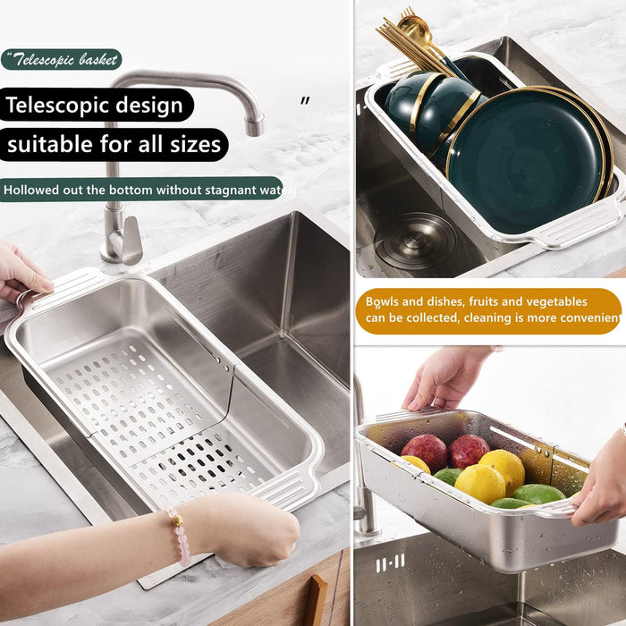 ZDRongZhen Kitchen Supply-Over The Sink Stainless Steel Retractable Kitchen Sink Basket -Wash Vegetables and Fruits, Drain Pasta and Dry Dishes,Extendable (Medium Silver) - Grill Parts America