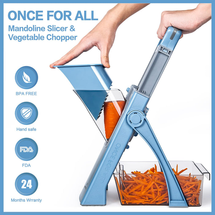 ONCE FOR ALL Upgrade Safe Mandoline Slicer Plus, Biger Size, Adjustable Vegetable Food Chopper Potato Fries Cutter, Detachable Blade, Kitchen Chopping Artifact, Gift (SkyBlue) - Grill Parts America