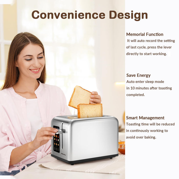 Mecity 2 Slice Toaster Touch Screen 1.5" Wide Slot, Stainless Steel Smart Bread Toaster for Bagel Muffin Waffle Gluten Free Breads, Timer, Defrost, Reheat, 120V 825W - Grill Parts America