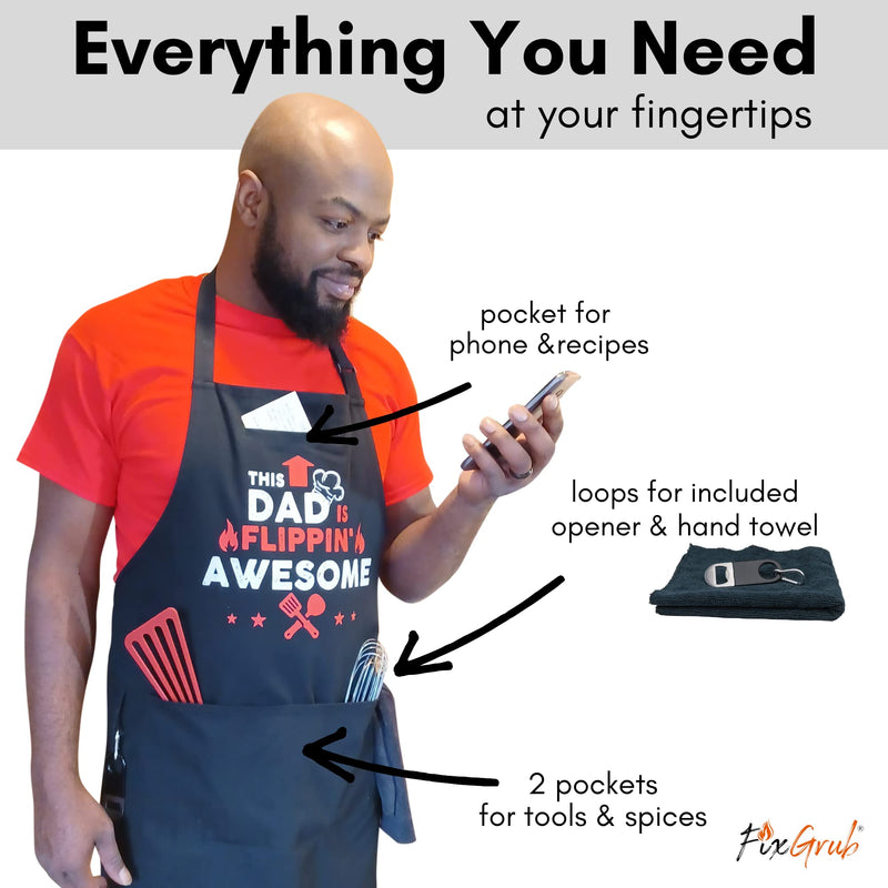 FixGrub Dad BBQ Apron, Funny Apron, Grill Apron, Chef Apron with 3 Pockets, Bottle Opener, Towel and Gift Box, 100% Cotton, Ideal Birthday, Christmas and Father's Day Gift for Men - Grill Parts America