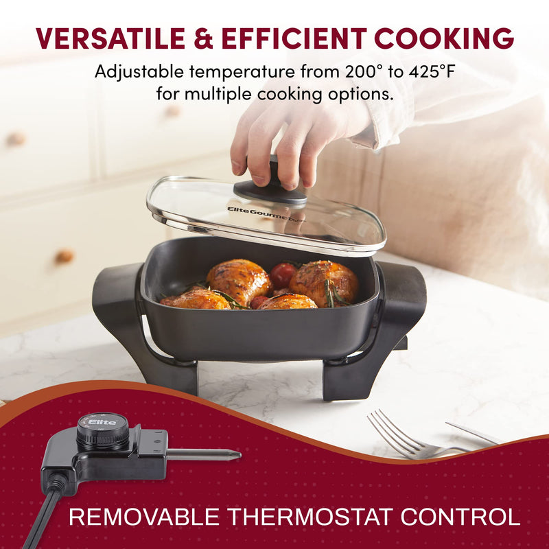 Elite Gourmet EG808 8” x 8" Non-stick Electric Skillet, Dishwasher Safe with Tempered Glass Vented Lid, Rapid Heat Up, 600W, Black - Grill Parts America