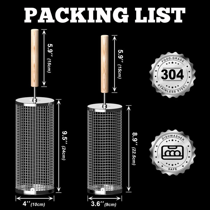 Ivtivfu Nesting Grill Baskets (2PCS), Removable Wooden Handle, 304 Stainless Steel, Rolling Grilling Net, BBQ Accessories Tools for Vegetables Shrimp, Outdoor Cooking Camping, Gifts for Men Dad Husband - Grill Parts America