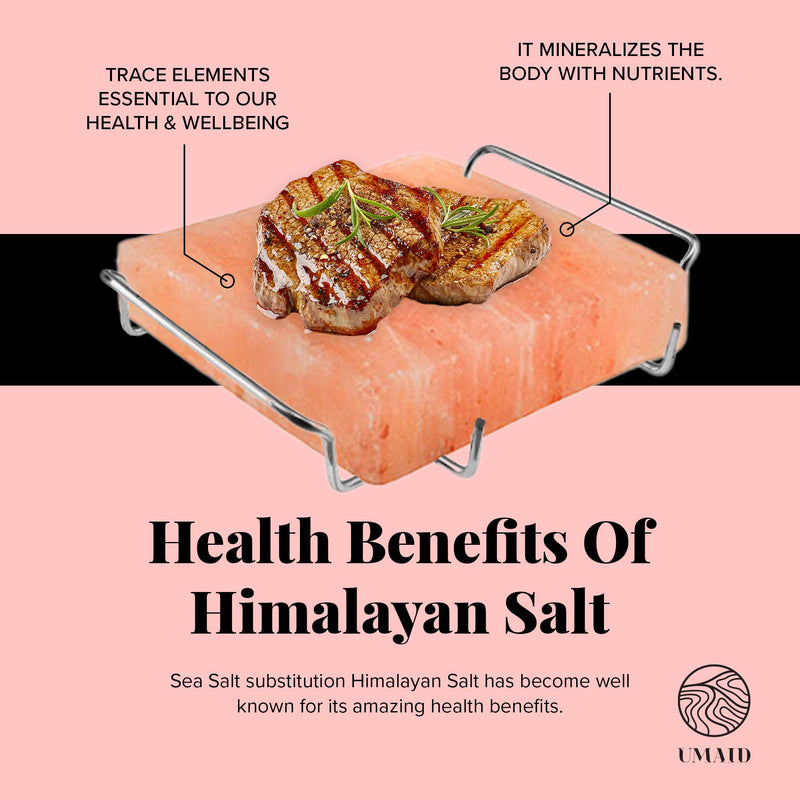 UMAID Himalayan Salt Block For Grilling, Cooking, Cutting and Serving,8X8X1.5 Food Grade Himalayan Pink Salt Stone on Stainless Steel Plate & Recipe Pamphlet, Unique Gifts for Men, Women, Chef, Cooks - Grill Parts America