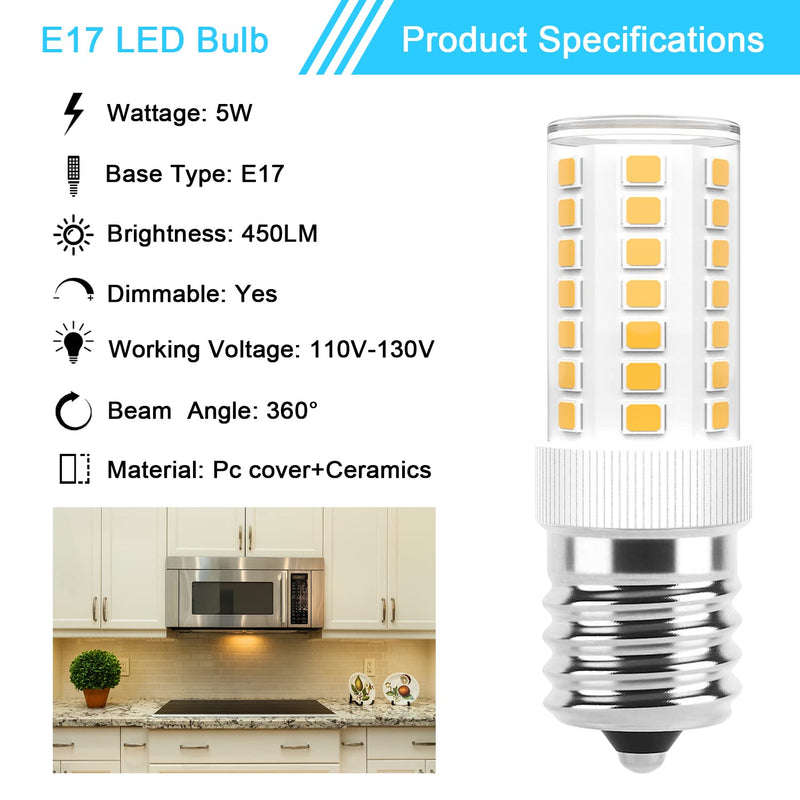 E17 LED Bulbs Dimmable 5W Microwave Over Stove Bulb 125V 40W Incandescent Equivalent, Warm White 3000K, Fit for Whirlpool Maytag GE Kenmore LG Microwaves, Replaces 8206232A 1890433 AP4512653, 2 Pack
