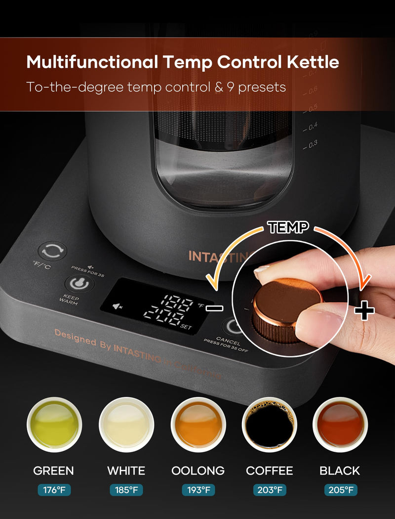 Electric Tea Kettle, INTASTING Glass Electric Kettle with tea Infuser and Precise knob temperature control, 1200W Fast Heating, BPA-Free, Easy to Clean, for Tea and coffee, Dark Grey - Grill Parts America