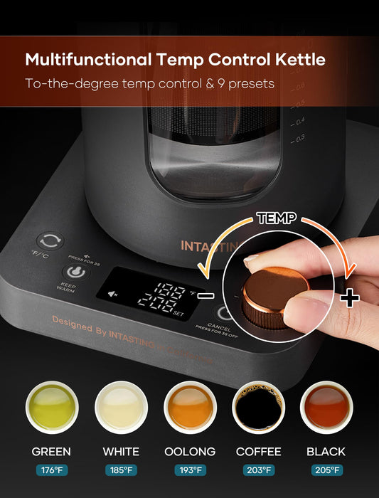 Electric Tea Kettle, INTASTING Glass Electric Kettle with tea Infuser and Precise knob temperature control, 1200W Fast Heating, BPA-Free, Easy to Clean, for Tea and coffee, Dark Grey - Grill Parts America