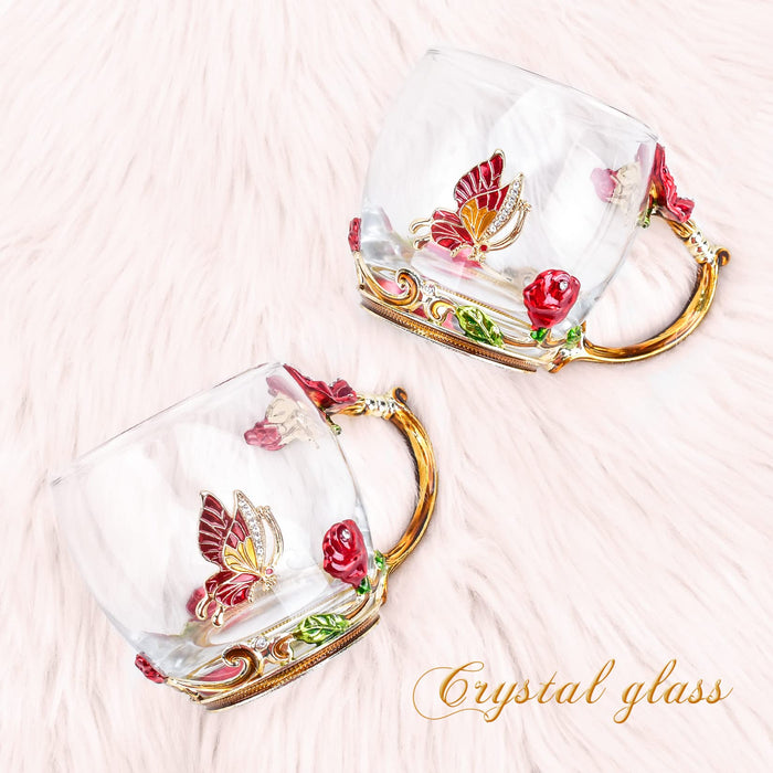 OEAGO Gifts for Mom Women Mothers Day Glass Coffee Enamels Mug Best Birthday Butterfly Rose Gifts for Her from Daughter Son Lead-Free Valentines Day Christmas Red Tea Cup with Spoon Set - Grill Parts America
