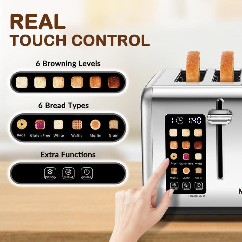 Mecity 4 Slice Toaster Touch Screen Control 4 Wide Slot, Stainless Steel Smart Bread Toaster for Bagel Muffin Waffle, Dual Control Pannel, Timer, Defrost, Reheat, 120V 1650W - Grill Parts America