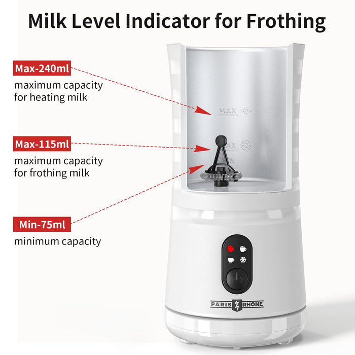Paris Rhône Milk Frother, Upgraded 4-in-1 Milk Steamer and Frother, Hot & Cold Foam Maker and Milk Warmer with Temperature Control, Auto Shut-Off, Frother for Coffee, Latte, Cappuccino, Macchiato - Grill Parts America
