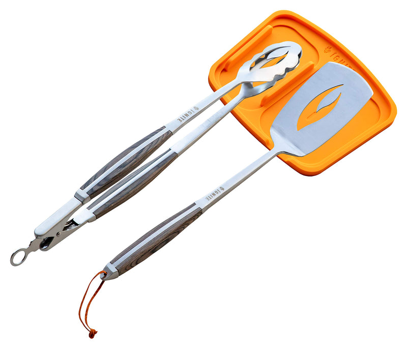 Ignite Grilling 2pc BBQ Grill Tool Set with Pakka Handles - Forged Stainless Steel Spatula, Locking Tongs & Silicone Trivet - - Grill Parts America