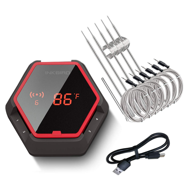 Inkbird Grill Bluetooth BBQ Thermometer Wireless IBT-6XS, 6 Probes Digital Smoker Grill Thermometer for Cooking,150ft Bluetooth Meat Thermometer, Magnet, Timer, Alarm for Kitchen, Food (Red) - Grill Parts America