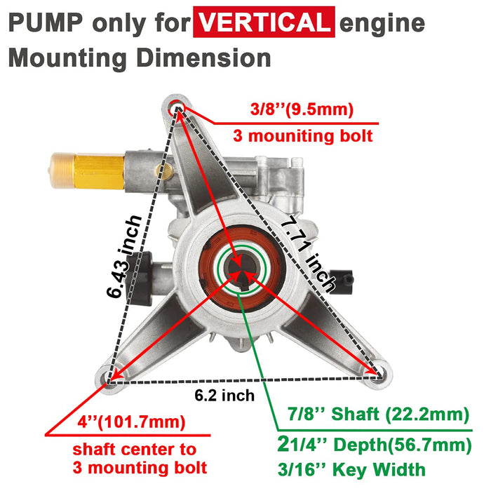 YAMATIC 7/8" Shaft Vertical Pressure Washer Pump 3000 PSI @ 2.5 GPM Replacement Pump for Power Washer Compatible with 308653045, 308653093, 308653052, 308653078, GCV160, GCV190 Rear Inlet/Outlet - Grill Parts America