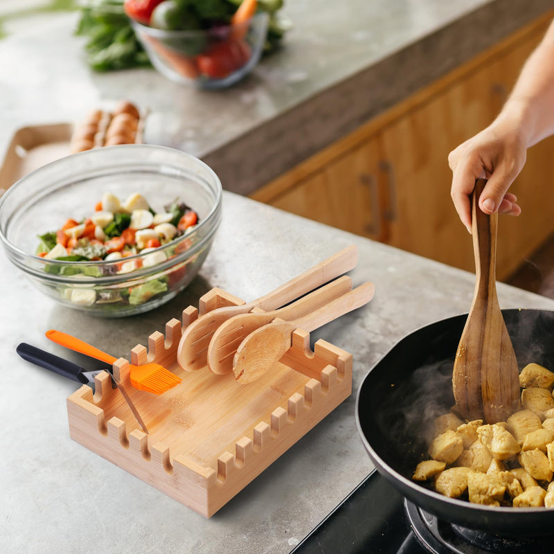 Bamboo Multi-Spoon Rest, Large Baking Tool Holder Rack, YORSEEK BBQ Grill Utensil Holder for Spatulas, Tongs, Ladles, Barbecue Grill Accessories Storage Organizer Multifunction Kitchen Gadgets - Grill Parts America